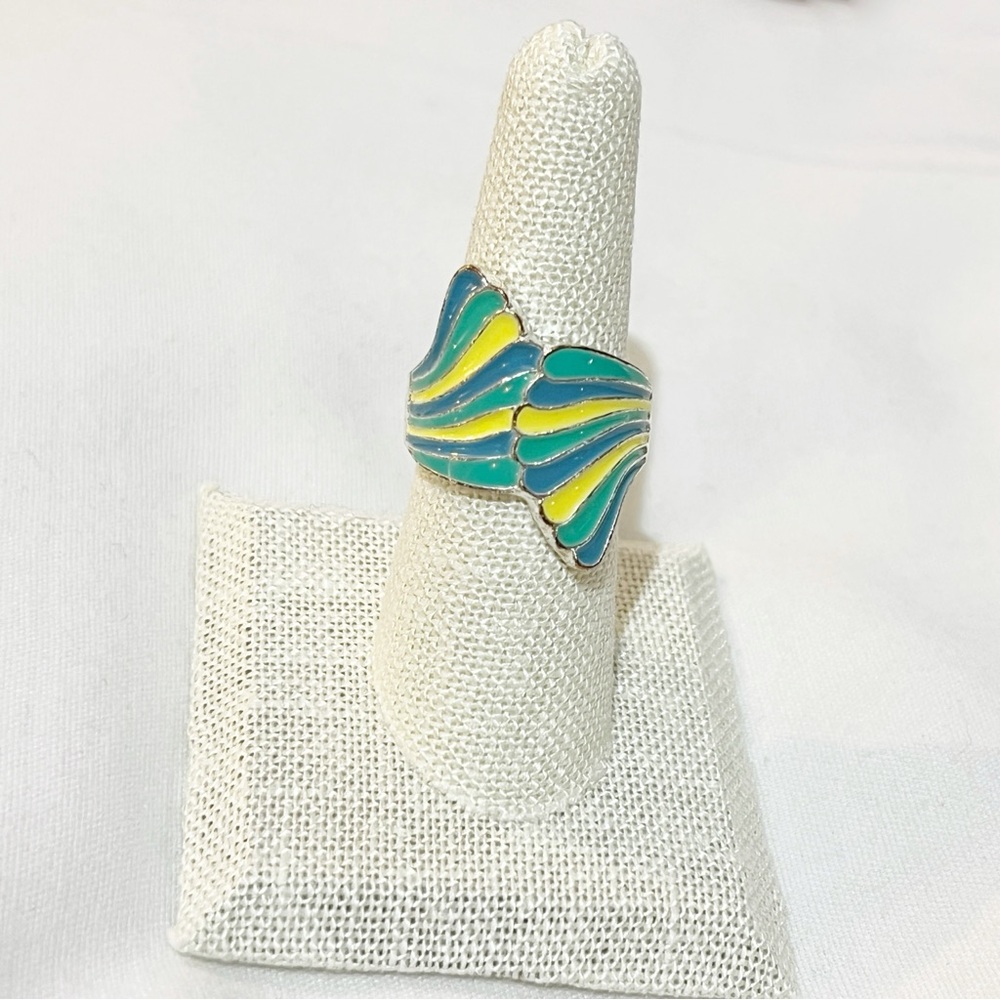 Mermaid Tail Enameled Ring Size 7 1/4 Colors of the Sea Teal Blue Yellow Summer